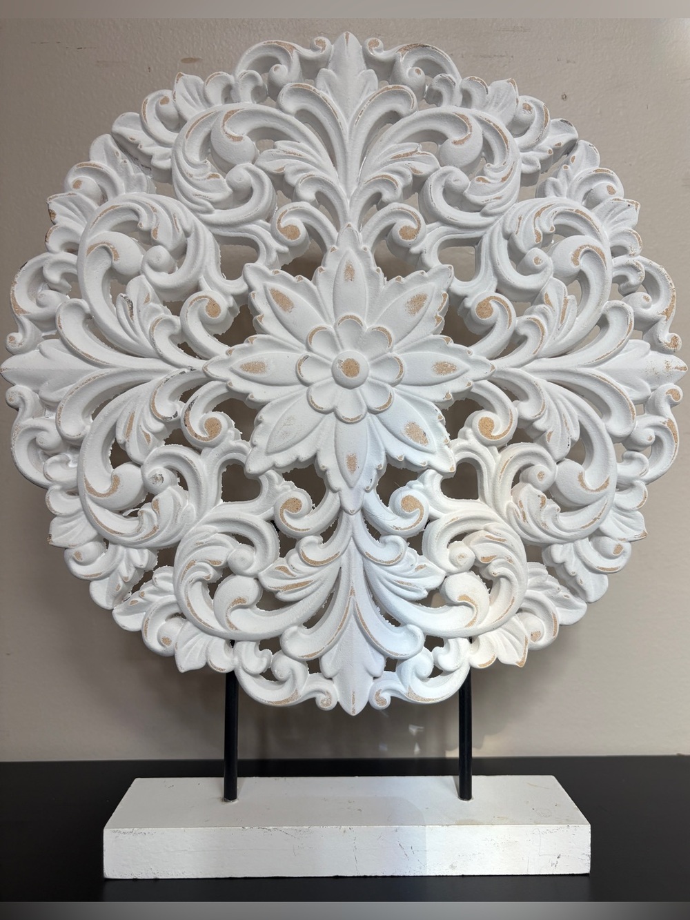 White Carved Medallion Table Decor on Stand